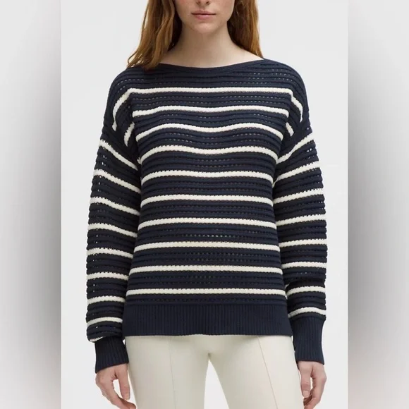Lululemon cotton blend pointelle sweater. Like new. Navy and cream stripe. - Picture 2 of 6